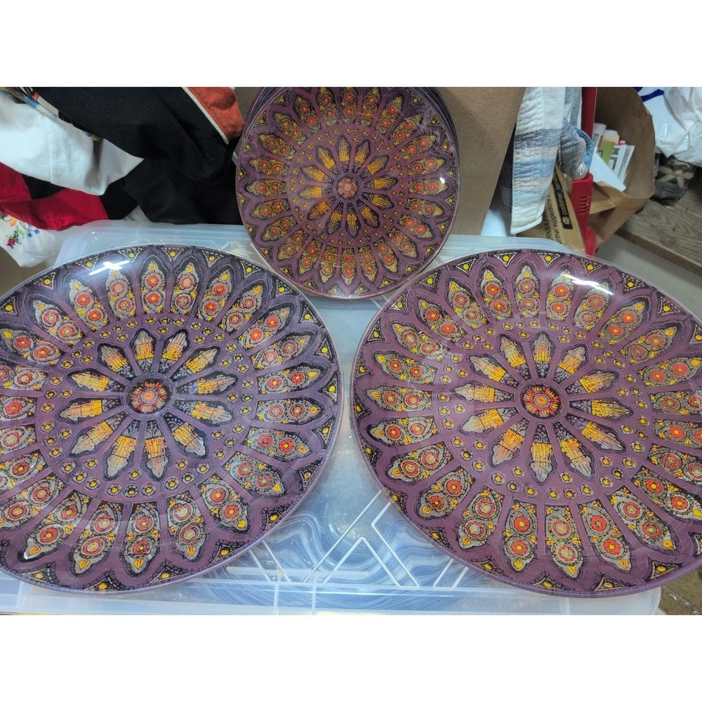 Vtg Pilgrim Silhouette Stained Glass Green Design 2 - Platter 13",  8- 8" Salad